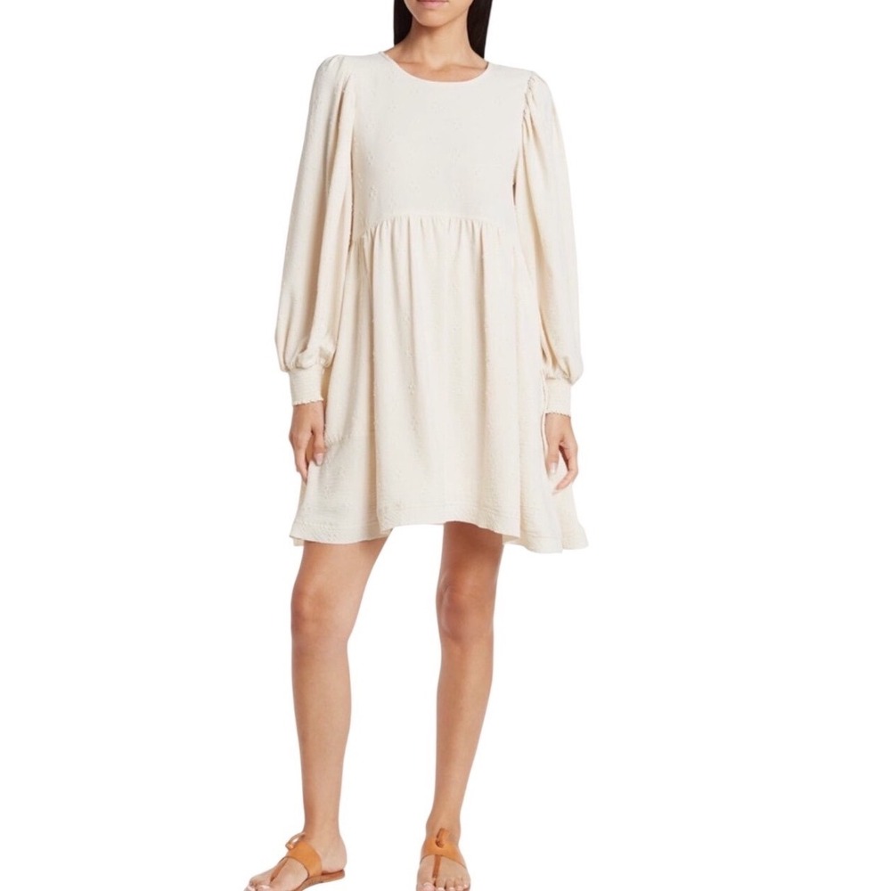 Blu Pepper Basic Love Dress Cream Swiss Dot Puff Sleeve Babydoll Mini Medium NEW